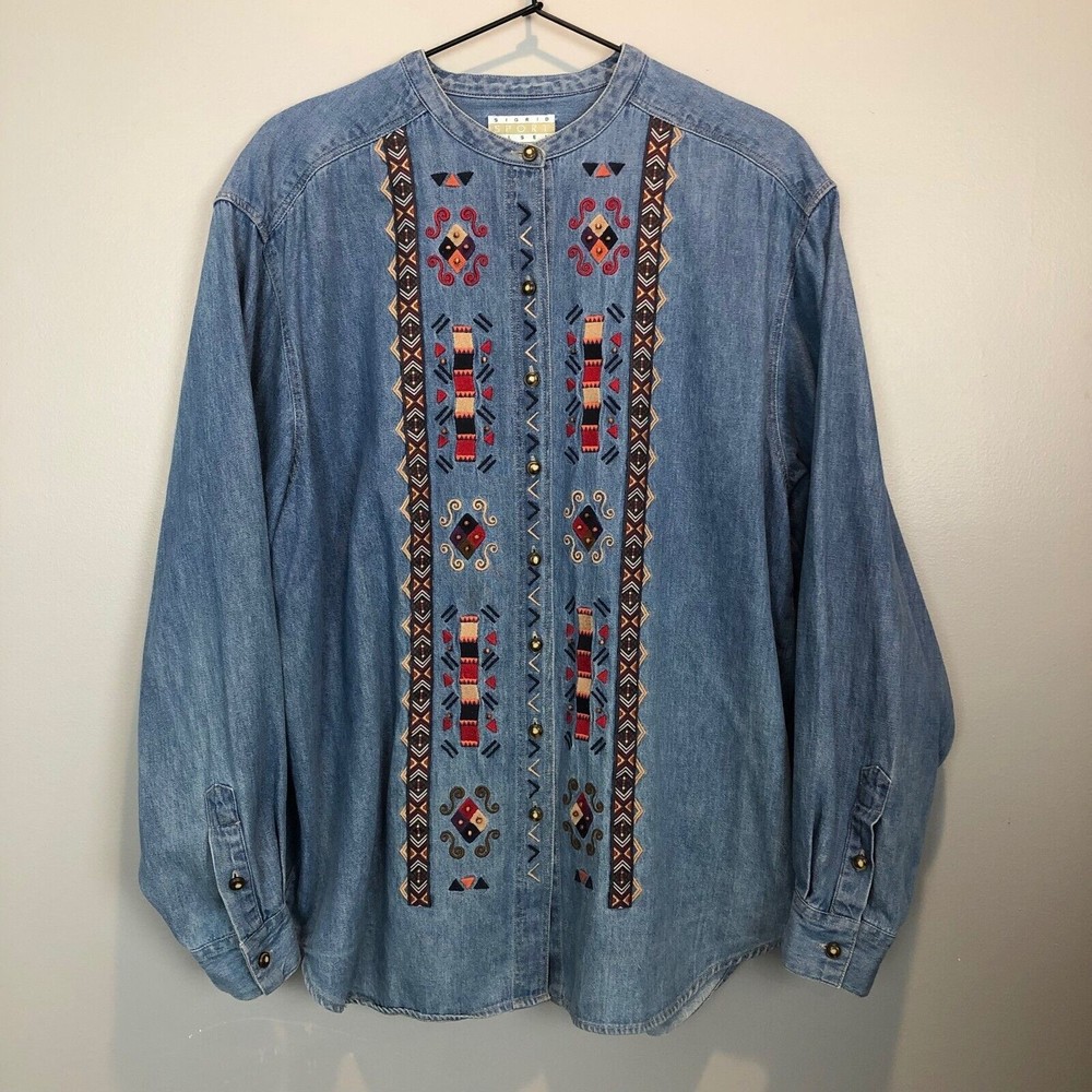 Vtg Sigrid Olsen Sport Denim Embellished Aztec Button Shirt Womens Medium